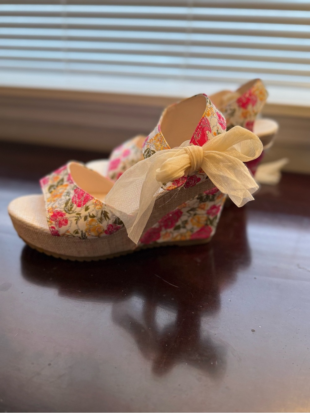 Floral Espadrille Wedge Sandals with Bow